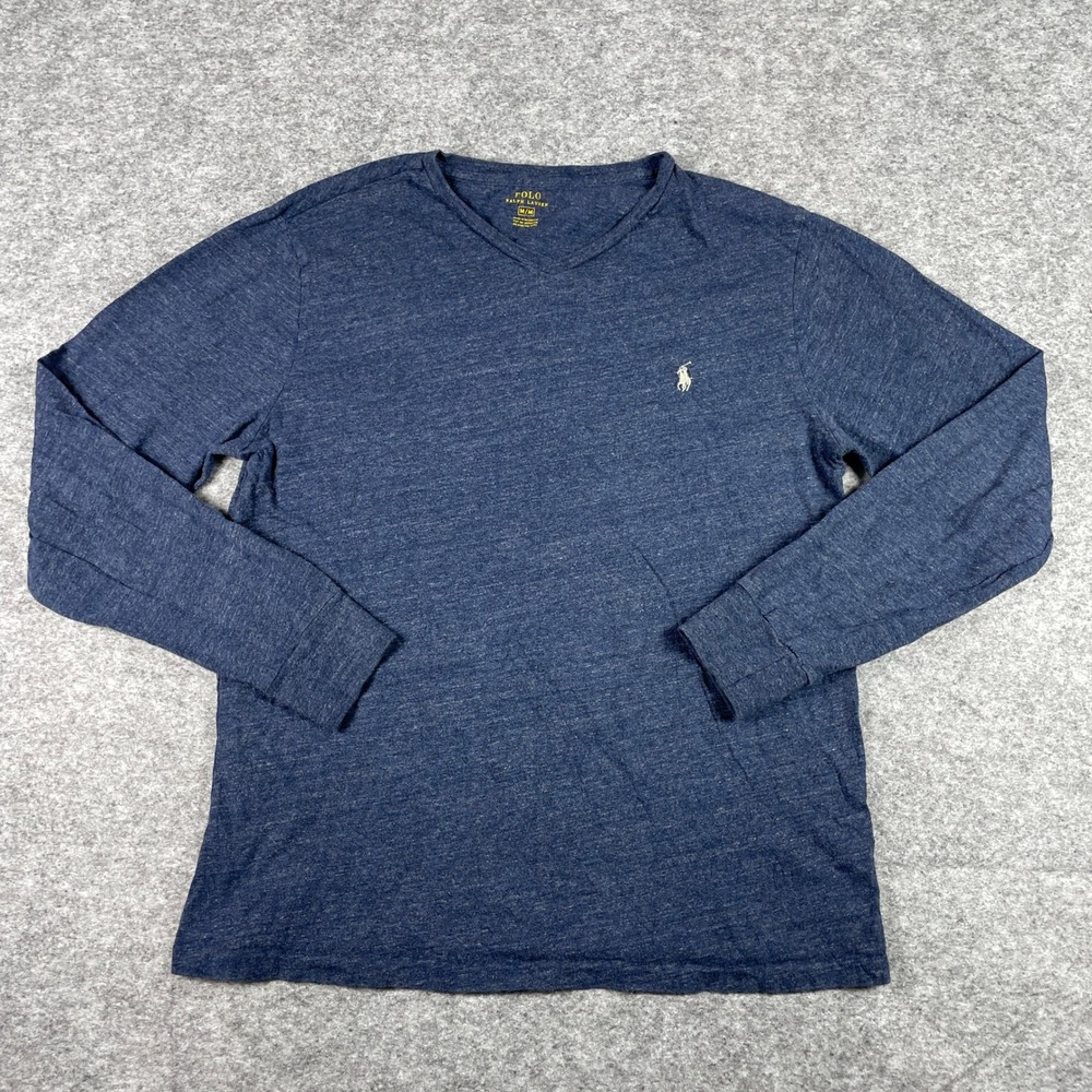 Polo Ralph Lauren T-Shirt Mens M Blue V-Neck Long Sleeve Pony Heathered Preppy